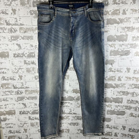 BooHooMan Stretch Skinny Jeans Men’s‎ 38X29.5 Blue Vintage Wash NWT Button Fly - Picture 1 of 15